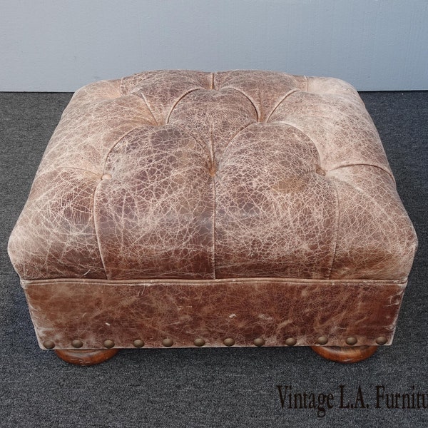 Vintage French Country Rustic Leather Tufted Ottoman by Sam Moore