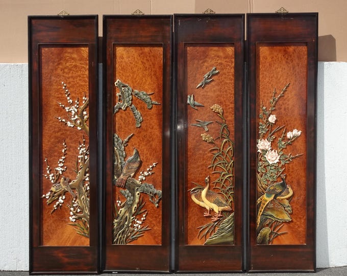 Set Four Vintage Oriental Carved Brown Chinese Panel Screen Wall Decor w Brass