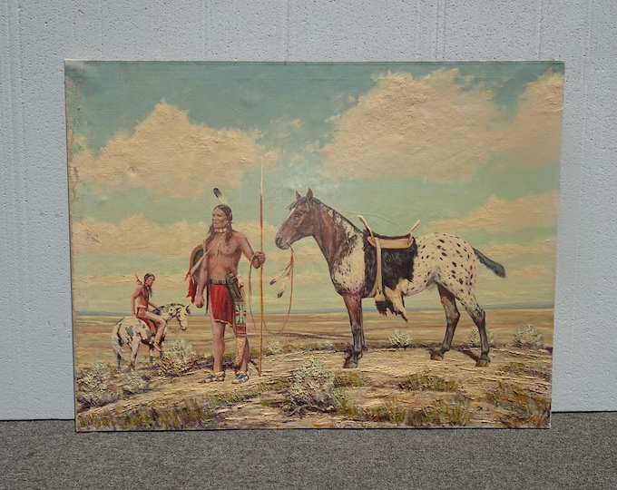 Vtg American Indians w Horses Oil Painting Picture signed w Horse Monogram Fabri