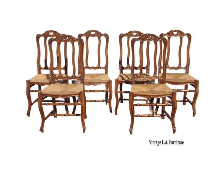 Set of Six Vintage French Country Brown Rush Dining Chairs