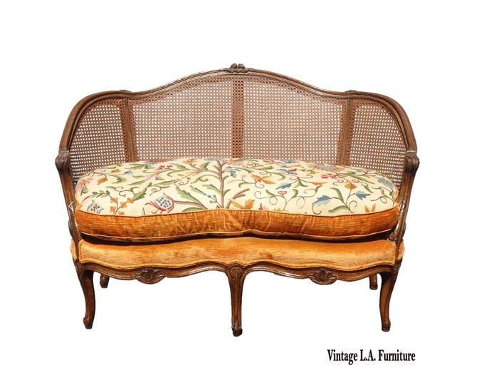Antique French Louis XV Style Cane Settee Loveseat w Down & Orange Floral Fabric