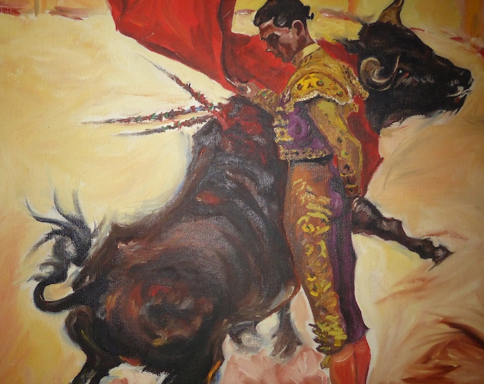 Vintage Spanish Bullfighter Oil On Canvas Picture Painting Signed R. Rivera