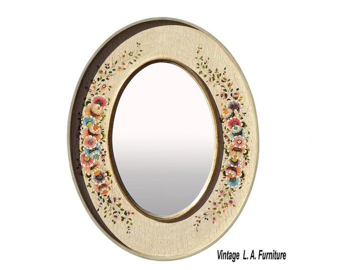 Vintage French Country Hand Painted White Oval Floral Wall Mantle Mirror