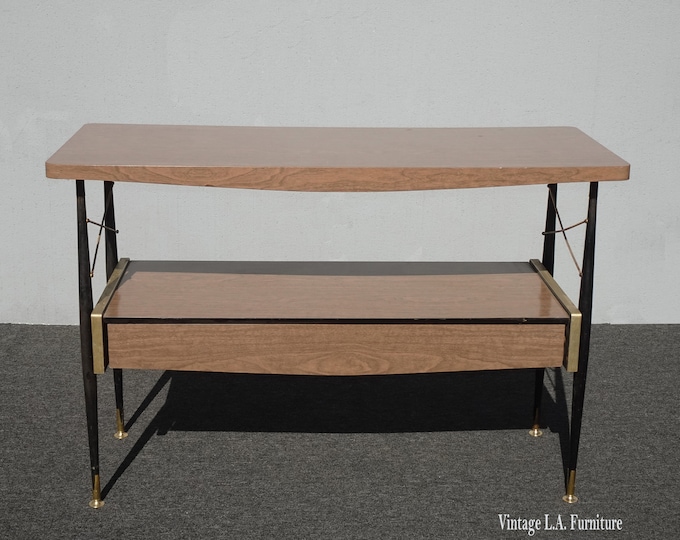 Vintage Mid Century Modern Brown Two Tier Laminate Side Table Buffet w Drawer