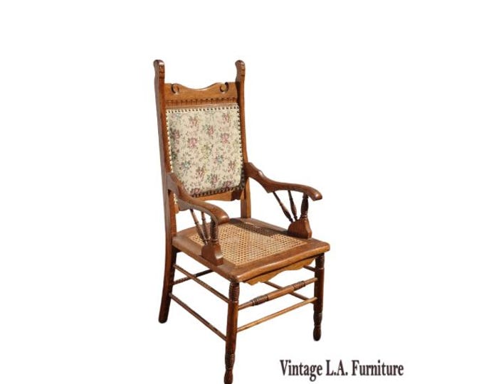 Vintage Oak Cane French Country Arm Chair w Tapestry Backrest Fabric