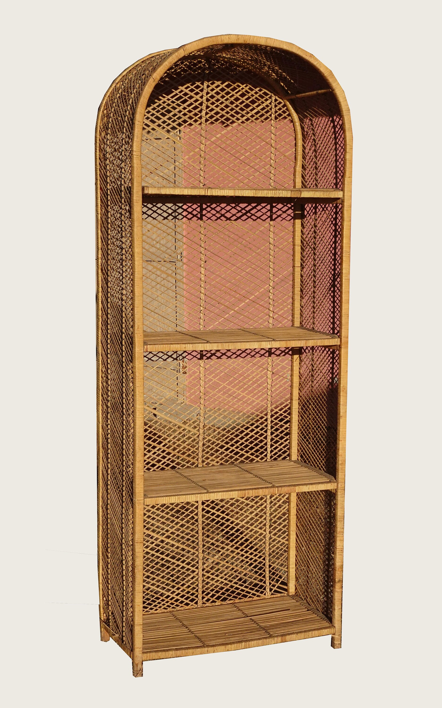 Vintage French Country Rattan Bookcase w Four Shelves