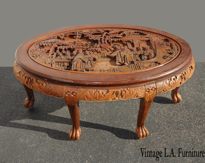 Vintage Oriental Asian Highly Carved Rustic Oval Coffee Table w Men in Village