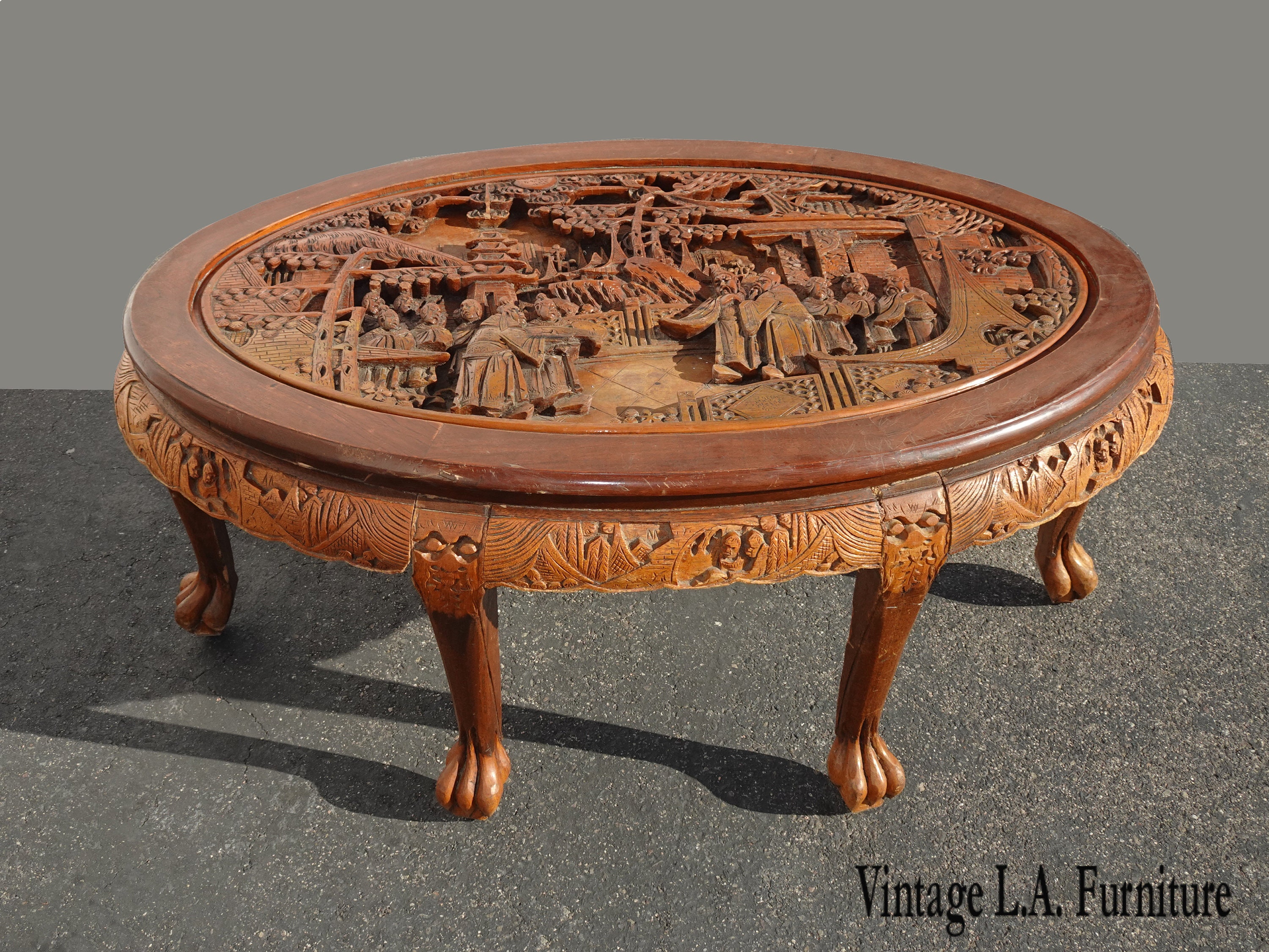 Vintage Oriental Asian Highly Carved Rustic Oval Coffee Table w Men in