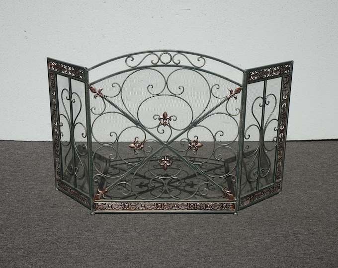 Vintage French Country Three Panel Fireplace Screen ~ Ornate w Scrolls