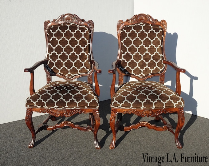 Pair of Antique French Country Brown Accent Side Chairs w new Upholstery