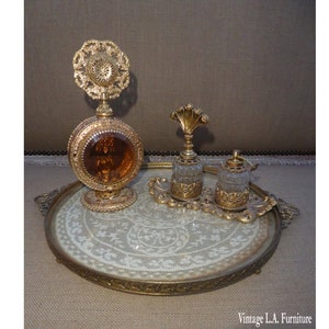 Vintage Ornate Ormolu Gold Filigree Perfume Tray w 3 Glass Perfume Bottles image 1