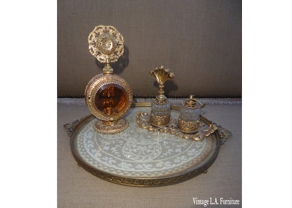 Vintage Ornate Ormolu Gold Filigree Perfume Tray … - image 1