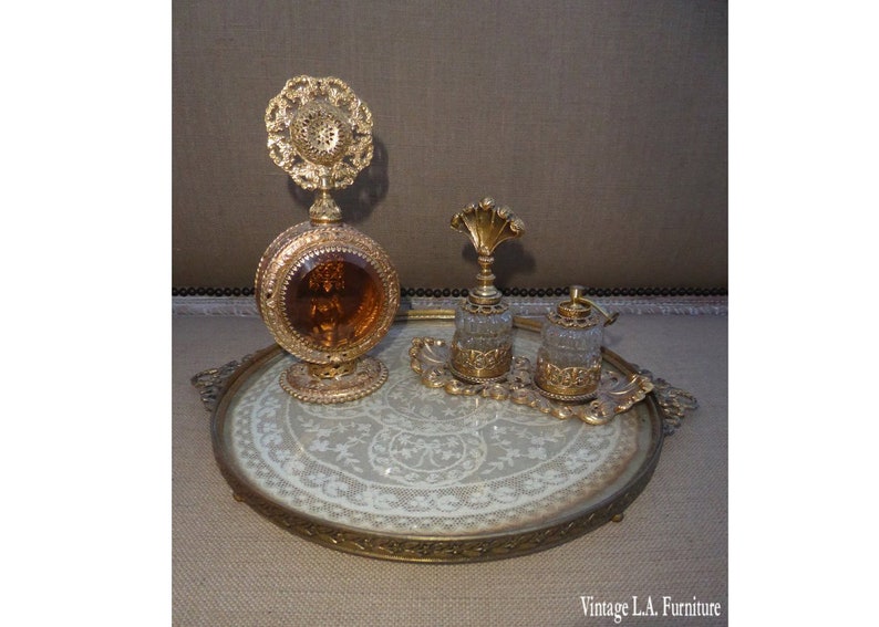 Vintage Ornate Ormolu Gold Filigree Perfume Tray w 3 Glass Perfume Bottles image 1