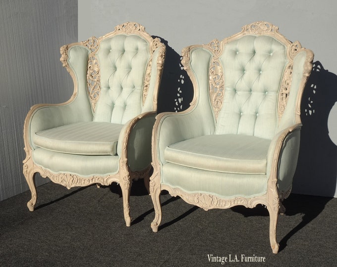 Pair Vintage French Chairs Louis XV Wing Back w Carved Ornate Figural Frame