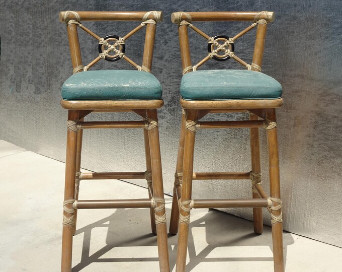 Pair Vintage McGuire Bamboo Barstools w Leather Straps & Brass Footrests
