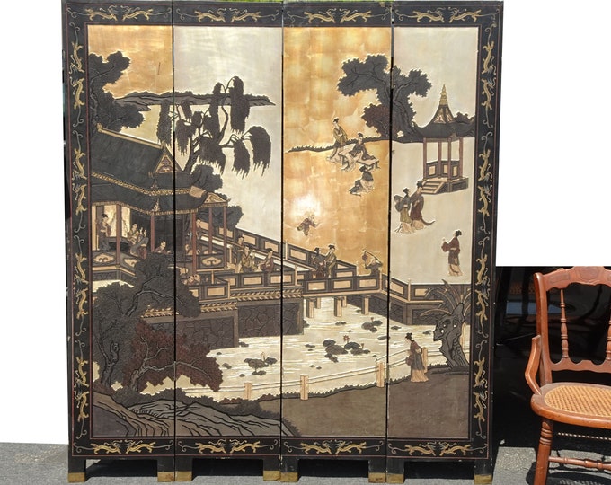 Vtg Oriental Asian Gold Leaf Coromandel Four Panel Screen Room Divider Geishas