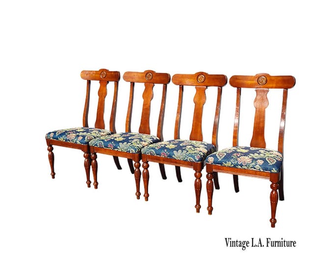 Set of Four Vintage Ethan Allen Dining Room Chairs w Blue Floral Fabric