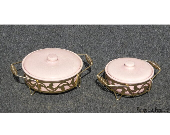 Pair Vintage Mid Century Modern Pink Warming Serving Dishes