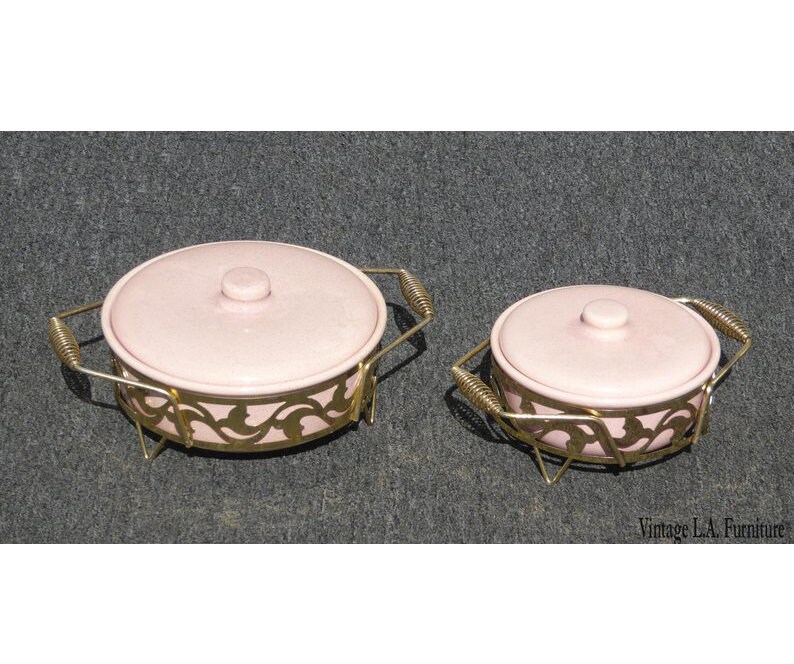 Pair Vintage Mid Century Modern Pink Warming Serving Dishes image 1