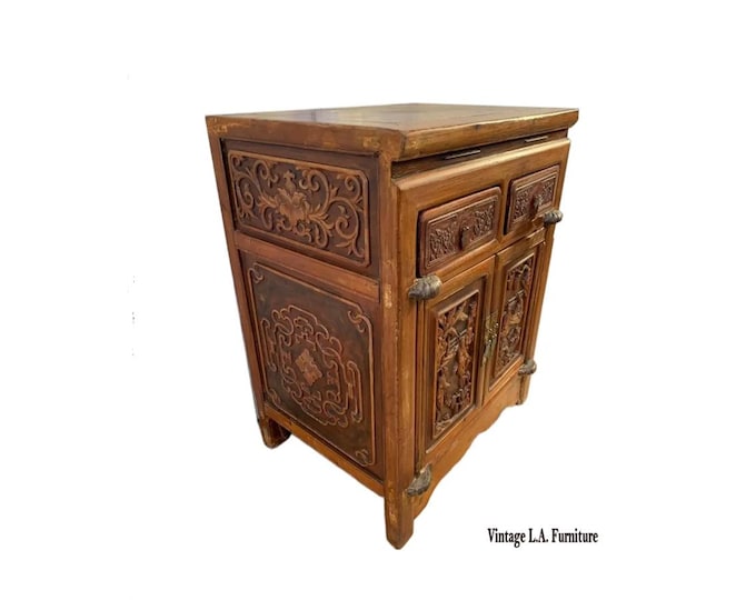 Antique Chinese Asian Ornately Carved Storage Cabinet Chinoiserie Side Table