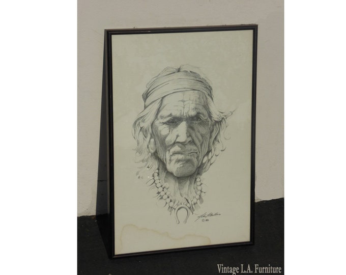 Vintage Original Sketch of Native Southwestern Man 1980 Signed John P Mullins