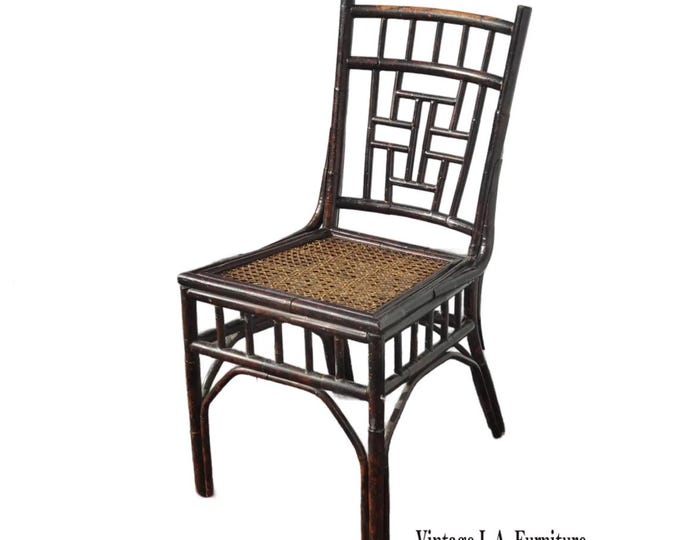 Vintage Chippendale Style Bamboo Brown Cane Side Chair