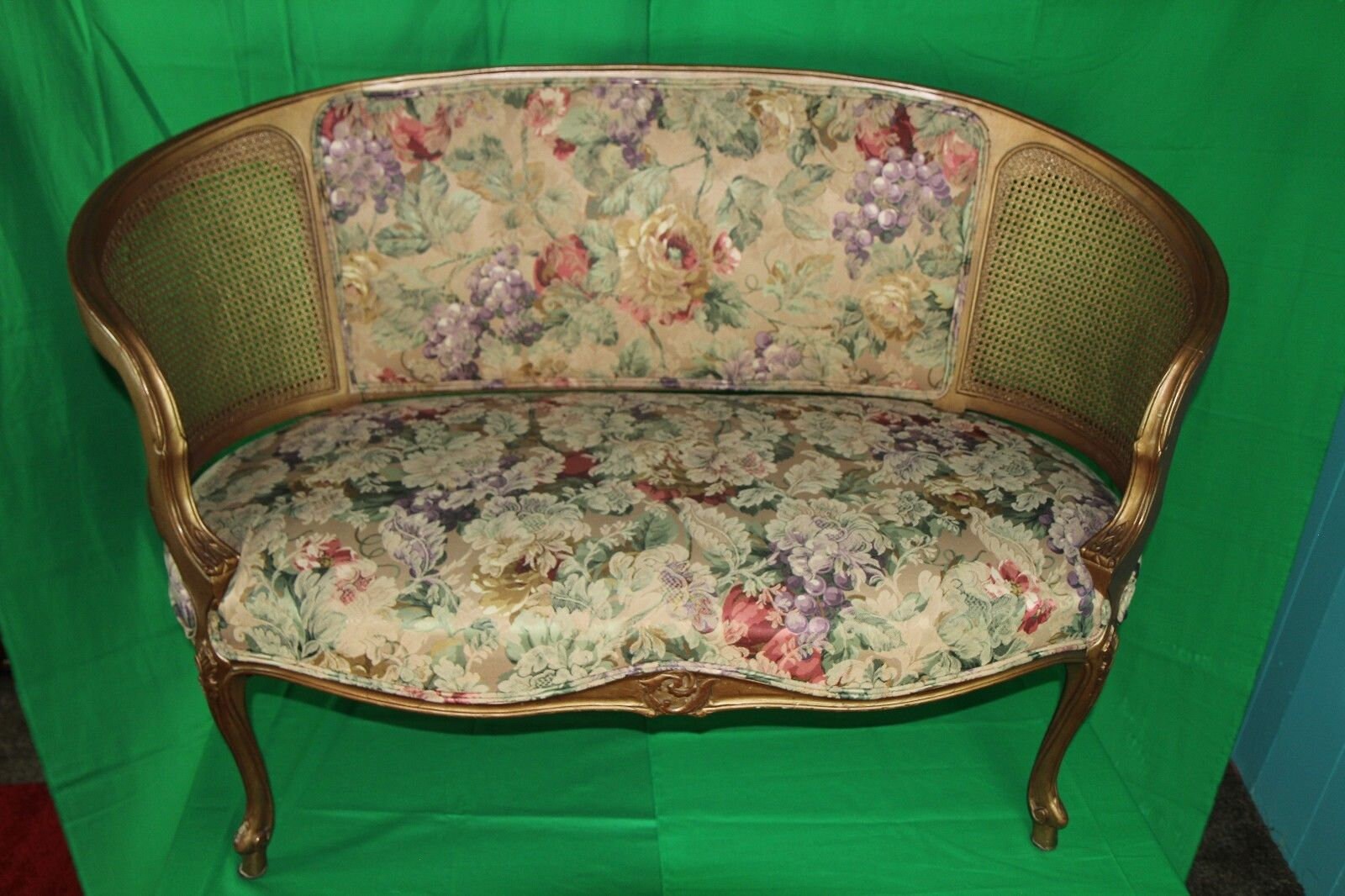 Vintage French Provincial Gold Floral Cane Settee with Curved Arms