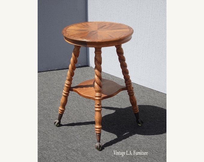 Vintage French Country Oak Barley Twist Side Table 28"H Brass Ball & Claw Feet