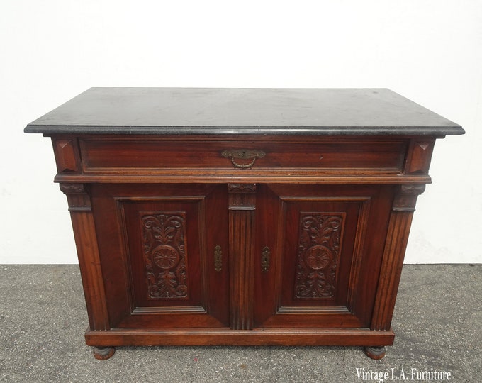 Antique French Victorian Ornate Sideboard Cabinet Entry Table Black Granite Top