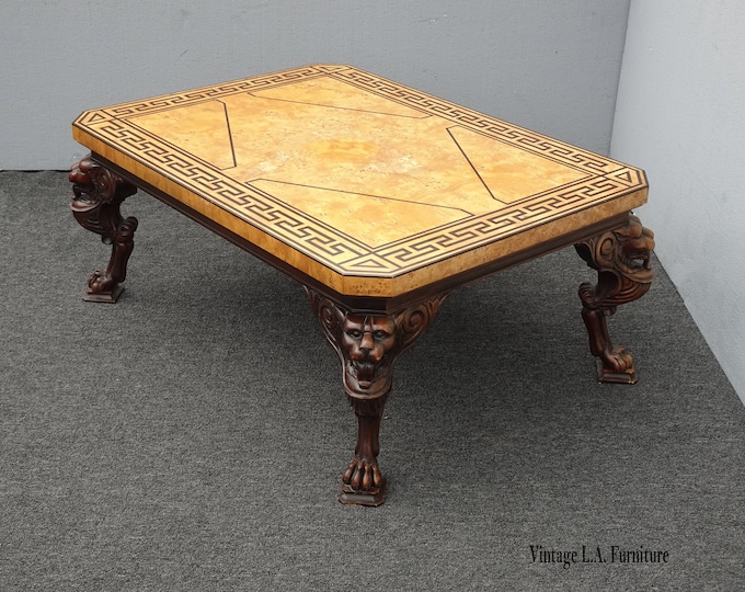 Vintage Baker Furniture Neoclassical Coffee Table Greek Key Burl Top w Lion Legs