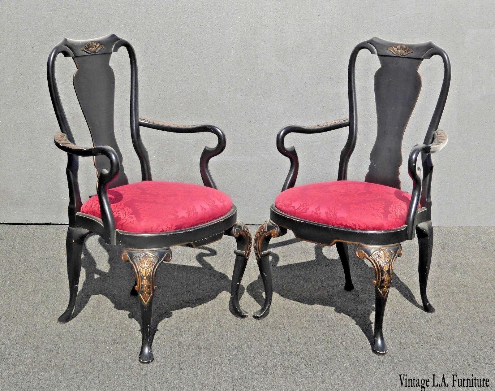 Pair of Vintage Black & Red Ornate Queen Anne Accent Arm Chairs