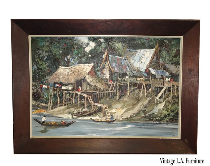Vintage Oil Canvas Painting Picture "Thatched Huts & Men in Canoes" Signed KID