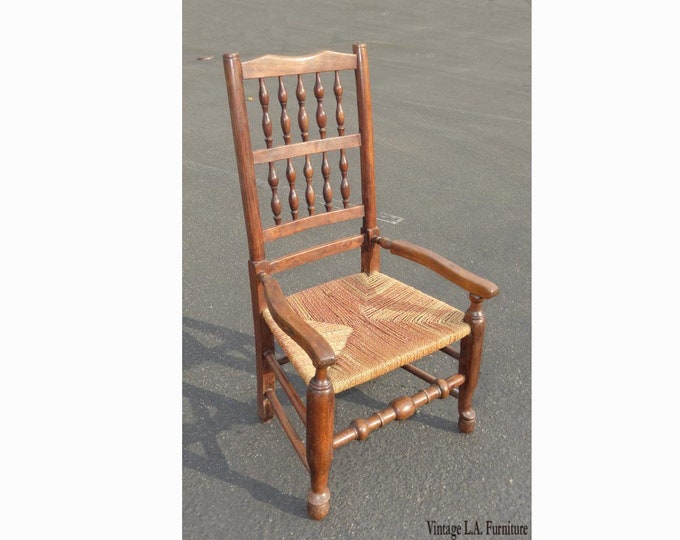 ANTIQUE Vintage Rush Twine Seat Carved Wood Accent Arm Chair