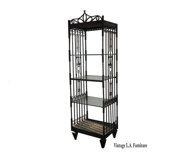 Vintage Renaissance Spainish Style Iron Twist Etagere Bookcase w Ornate Sides