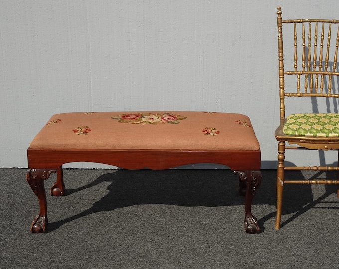 Vintage French Provicial Floral Needlepoint Tapestry Bench w Ball & Claw Feet