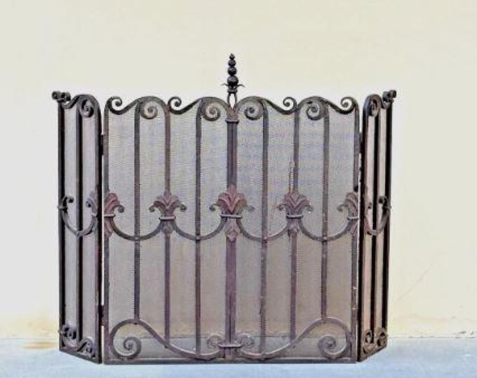 Vintage Three-Panel Heavy Iron French Provincial Farmhouse Style Fireplace Screen