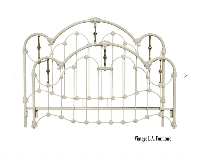 Vintage French Elliott's Designs White & Gold Iron Queen Headboard w Footboard