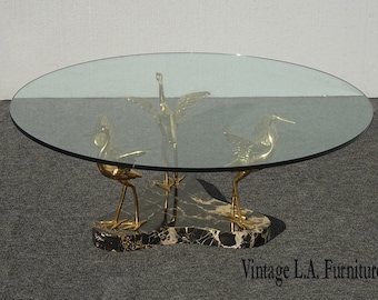 Vintage Marble & Brass Egrets Heron Bird Cocktail Coffee Table Willy Daro Style