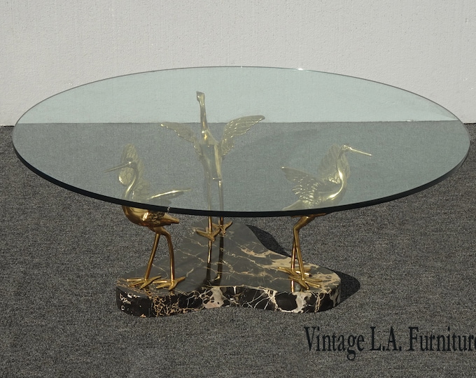 Vintage Marble & Brass Egrets Heron Bird Cocktail Coffee Table Willy Daro Style