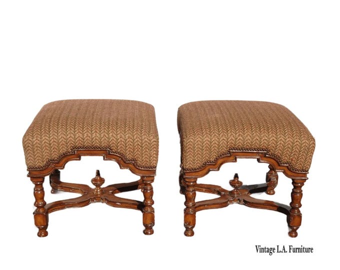 Pair Vintage Marge Carson French Country Styl Brown Ottomans w Decorative Nails