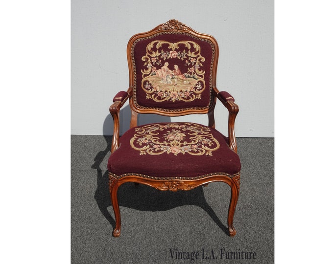 Vintage French Provincial Burgundy Needlepoint Tapestry Bergere Accent Chair