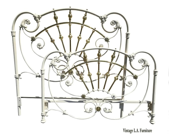 Vintage French Elliott's Designs White Iron Full Bedframe Headboard w Fb #5