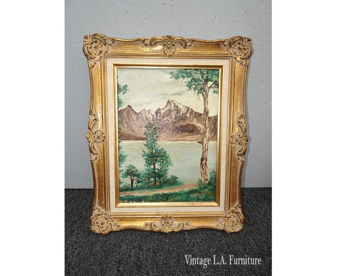 Vintage Oil on Canvas Painting Picture of Landscape Lake Trees signed R Basilin