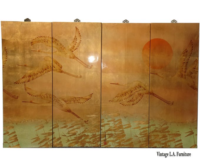 Vintage Japanese Asian Four Panel Screen Gold Gilt Picture w Crane Birds Signed