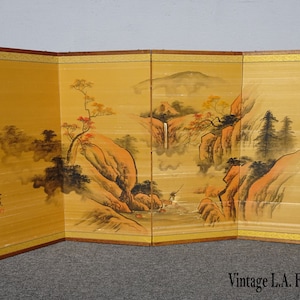 Vintage Japanese Gold Four Panel Screen Picture River Landscape Made in Japan