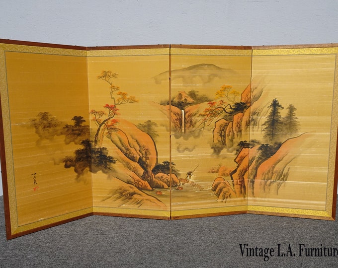 Vintage Japanese Gold Four Panel Screen Picture River Landscape Made in Japan