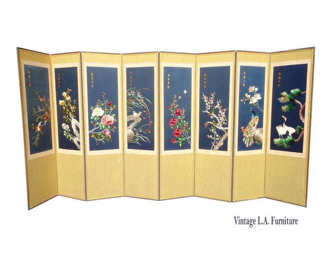 Vintage Oriental Asian Silk Embroidered Eight Panel Screen Room Divider