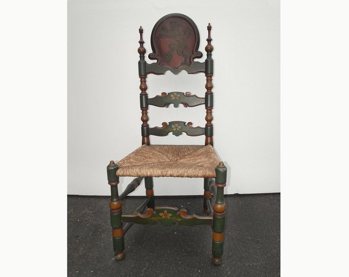 Vintage French Country Rush Ladderback Green Red Chair Dragon Motif Floral Paint
