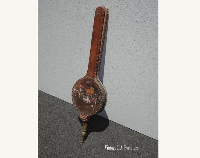 Antique French Country Brown Leather Bellow with Long Handle Wall Decor