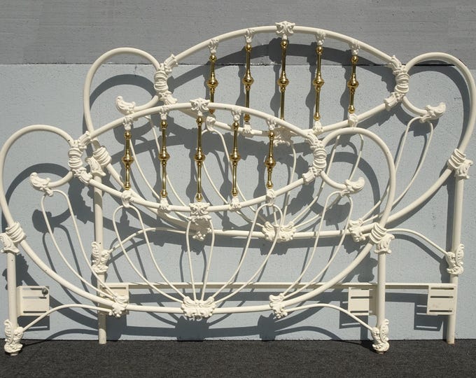 Vintage French Elliott's Designs White Iron Queen Headboard & Footboard